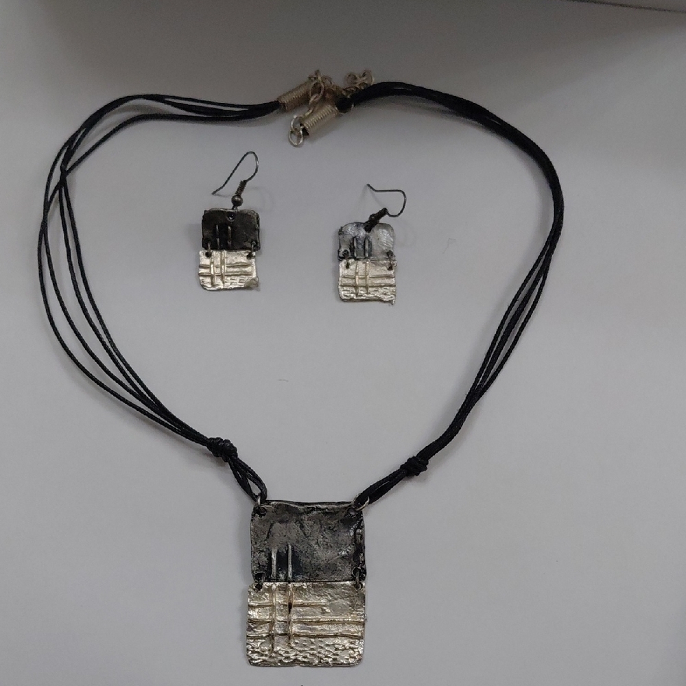 Handcrafted Silver-Tone Pendant Necklace & Earring Set - Black Cord